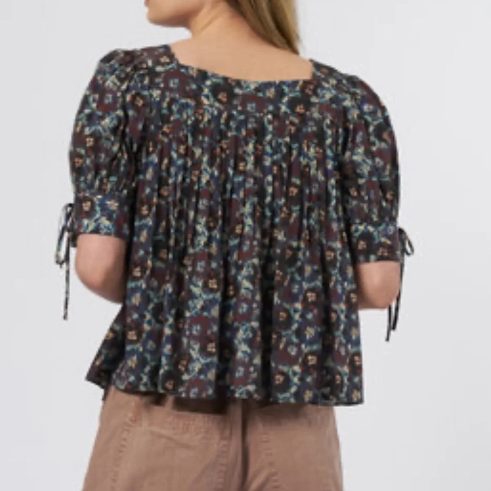 ULLA JOHNSON Lorraine Cobalt Pleated Blouse Floral Silk Top Puff Sleeves Size 6